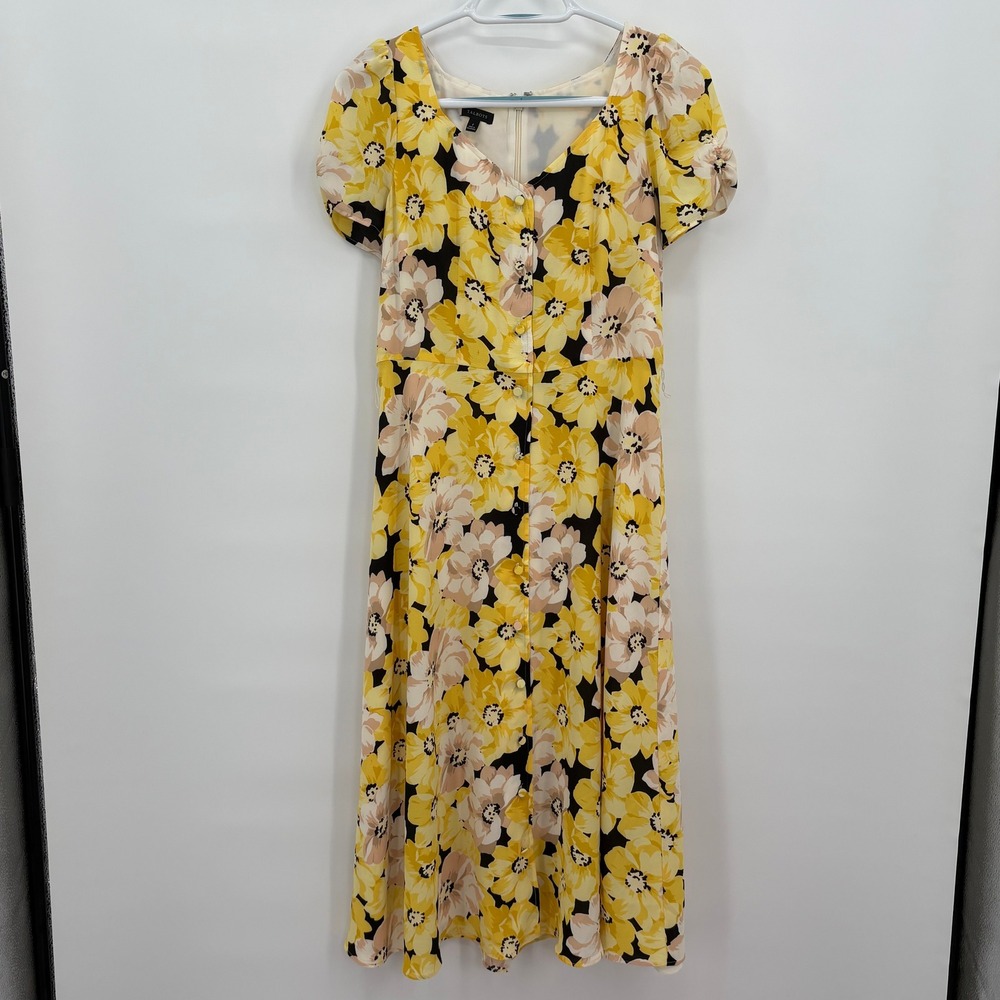 Talbots Yellow Floral‎ Puff Sleeve Midi Dress Womens 2 V-Neck Fit Flare PH5558